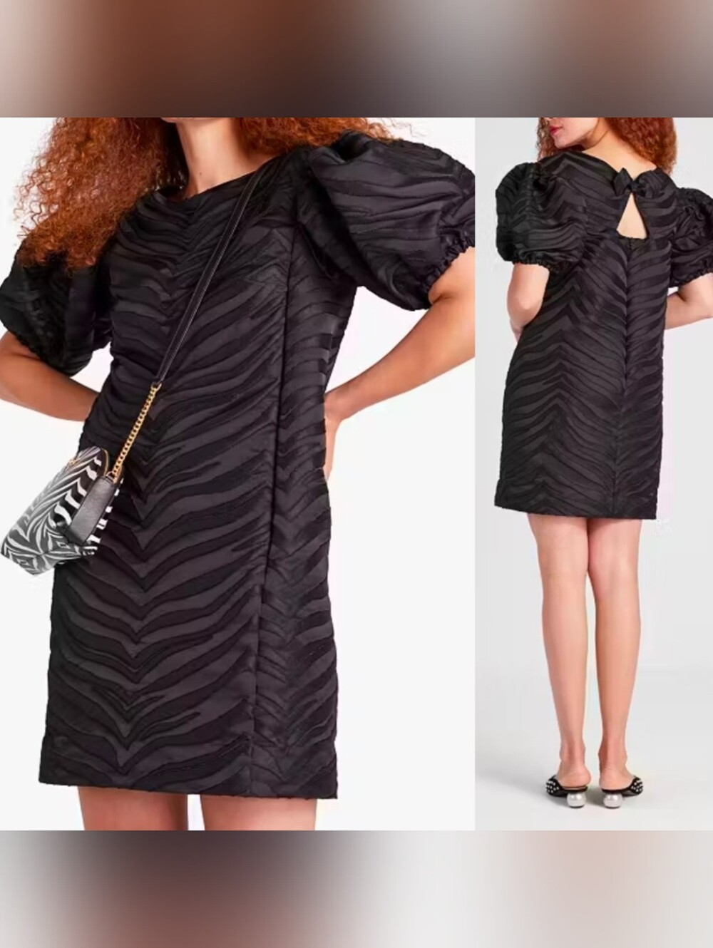 $368 NWT KATE SPADE Bold Zebra Jacquard Dress 6 Black Knee Length Short Puff